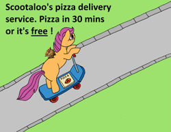 Size: 1013x788 | Tagged: safe, artist:mythicsteed, scootaloo, pegasus, pony, delivery, domino's, domino's pizza, dominos, female, filly, food, pizza, scooter