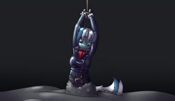 Size: 2500x1444 | Tagged: safe, artist:gluepaw, oc, oc only, oc:skyfall, anthro, unicorn, anthro oc, bondage, cement, cravat, fear, female, latex, latex suit, peril, sinking, suspended