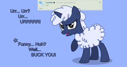 Size: 1650x880 | Tagged: safe, artist:estories, oc, oc only, oc:curly mane, oc:silverlay, pony, unicorn, deviantart, dialogue, sheep pony, simple background, unamused, vector