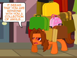 Size: 640x480 | Tagged: safe, artist:aha-mccoy, oc, oc only, oc:aha mclovin, pegasus, pony, nopony-ask-mclovin, luggage, male, solo, speech bubble, stallion, suitcase