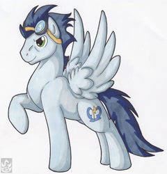 Size: 1918x1999 | Tagged: safe, artist:stormblaze-pegasus, soarin', backwards cutie mark, raised hoof, simple background, solo, spread wings, traditional art