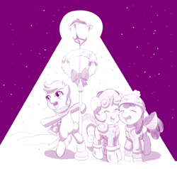 Size: 1000x950 | Tagged: safe, artist:dstears, apple bloom, scootaloo, sweetie belle, caroling, clothes, cutie mark crusaders, lamppost, monochrome, newbie artist training grounds, scarf, singing, sketch, snow, snowfall, wreath