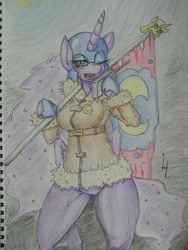 Size: 960x1280 | Tagged: safe, artist:kenoi, nightmare moon, anthro, bipedal, clothes, pixiv, solo, traditional art, twilight scepter