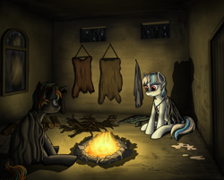 Size: 3002x2410 | Tagged: safe, artist:nukechaser, oc, oc only, pony, unicorn, a dark room, campfire, fire, forest, fur, night, post-apocalyptic, room, wood