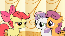 Size: 576x324 | Tagged: safe, artist:lifesharbinger, apple bloom, scootaloo, sweetie belle, alternate hairstyle, cutie mark crusaders, mane swap, unamused