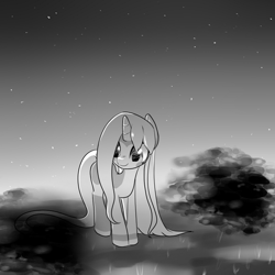 Size: 600x600 | Tagged: safe, artist:celerypony, oc, oc only, oc:celery, pony, unicorn, hair over one eye, long mane, long tail, monochrome, night, shading, smiling, solo, stars