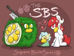 Size: 1024x768 | Tagged: safe, artist:melodenesa, oc, oc only, oc:temmy, durian, food, heart, knife, merlion, nation ponies, singapore