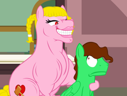 Size: 640x480 | Tagged: safe, artist:aha-mccoy, oc, oc only, oc:dick, oc:helga starkehuf, earth pony, pegasus, pony, nopony-ask-mclovin, bedroom eyes, braid, female, male, mare, smiling, stallion