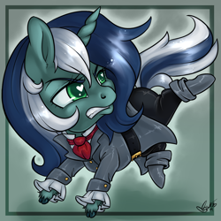 Size: 1280x1280 | Tagged: safe, artist:skuttz, oc, oc only, oc:skyfall, pony, unicorn, chibi, clothes, cravat, female, heart eyes, kicking, latex, latex boots, latex suit, solo, spypone, wingding eyes