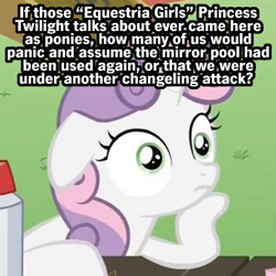 Size: 500x500 | Tagged: safe, sweetie belle, pony, unicorn, equestria girls, exploitable meme, female, filly, horn, image macro, meme, solo, sudden clarity sweetie belle, text, two toned mane, white coat, wide eyes