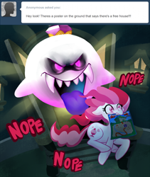 Size: 800x950 | Tagged: safe, artist:peachiekeenie, plumsweet, earth pony, ghost, pony, undead, antagonist, ask, ask plumsweet, boo (super mario), crossover, evil, evil grin, female, galloping, glowing eyes, grin, king boo, levitation, luigi's mansion, magic, male, mare, mouth hold, nope, nope nope nope nope nope nope, running, sharp teeth, smiling, super mario bros., teeth, telekinesis, tongue out, tumblr