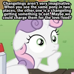 Size: 500x500 | Tagged: safe, sweetie belle, pony, unicorn, exploitable meme, female, filly, headcanon, horn, image macro, meme, solo, sudden clarity sweetie belle, text, two toned mane, white coat, wide eyes