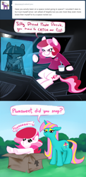 Size: 700x1429 | Tagged: safe, artist:peachiekeenie, dewdrop dazzle, plumsweet, ask, ask plumsweet, box, clothes, comic, space, spaceship, tumblr