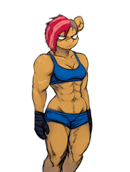 Size: 960x1280 | Tagged: safe, artist:gordonfreeguy, babs seed, anthro, abs, abs seed, belly button, buff, clothes, fighter, freckles, midriff, muscles, shorts, solo, sports bra