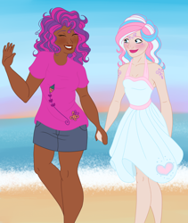 Size: 1024x1214 | Tagged: safe, artist:luciekj, skywishes, star catcher, human, g3, dark skin, female, holding hands, humanized, lesbian, shipping, skycatcher