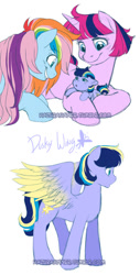 Size: 410x810 | Tagged: safe, artist:hazurasinner, oc, oc only, oc:starchaser, oc:windy belle, pegasus, pony, unicorn, baby, baby pony, colored wings, female, gradient wings, lesbian, magical lesbian spawn, offspring, offspring shipping, offspring's offspring, parent:fluttershy, parent:oc:starchaser, parent:oc:windy belle, parent:pinkie pie, parent:rainbow dash, parent:twilight sparkle, parents:flutterdash, parents:oc x oc, parents:twinkie, shipping, watermark