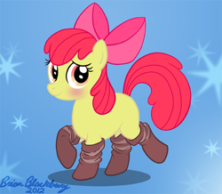 Size: 471x410 | Tagged: safe, artist:brianblackberry, apple bloom, adorabloom, blushing, clothes, cute, raised hoof, raised leg, simple background, smiling, socks, solo