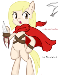 Size: 263x336 | Tagged: safe, artist:woox, oc, oc only, oc:dizzy cream, pony, badass, bipedal, blade, cape, clothes, feminism, flockmod, katar, solo, weapon