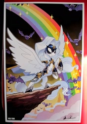 Size: 1118x1589 | Tagged: safe, artist:tonyfleecs, bat, pegasus, pony, armor, lady death, mask, ponified, rainbow, solo, white hair