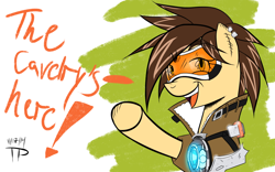 Size: 1280x800 | Tagged: safe, artist:thethunderpony, clothes, goggles, jacket, lena oxton, overwatch, ponified, solo, tracer