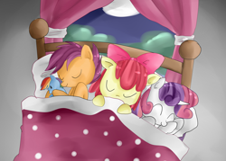 Size: 1000x716 | Tagged: safe, artist:haruliina, apple bloom, scootaloo, sweetie belle, bed, cutie mark crusaders, sleeping