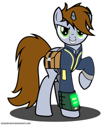 Size: 2500x3000 | Tagged: safe, artist:koshakevich, oc, oc only, oc:littlepip, pony, unicorn, fallout equestria, clothes, fanfic, fanfic art, female, hooves, horn, looking at you, mare, pipbuck, saddle bag, simple background, smiling, solo, teeth, transparent background, vault suit, vector