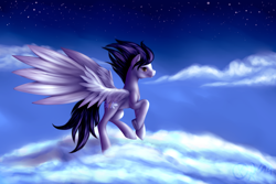 Size: 1280x853 | Tagged: safe, artist:xormak, soarin', cloud, cloudy, old cutie mark, painting, realistic, sky, solo, stars