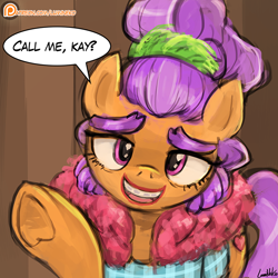 Size: 750x750 | Tagged: safe, artist:lumineko, plaid stripes, the saddle row review, clothes, dialogue, lipstick, makeup, patreon, patreon logo, raised hoof, solo, speech bubble, underhoof