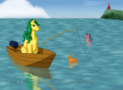 Size: 640x466 | Tagged: safe, artist:lazyjenny, wavedancer, g1, boat, cascade, duck soup, fishing