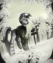 Size: 1280x1500 | Tagged: safe, artist:slawomiro, zecora, zebra, clothes, jacket, raised hoof, snow, solo, walking, winter