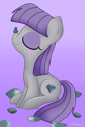 Size: 693x1030 | Tagged: safe, artist:applefritta, boulder (pet), maud pie, balancing, cute, maudabetes, ponies balancing stuff on their nose, rock, smiling, solo, that pony sure does love rocks, when she smiles, wrong cutie mark
