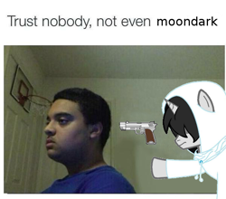 Size: 600x527 | Tagged: safe, oc, oc only, oc:moondark, 1000 hours in ms paint, gun, ms paint, op is a cuck, trust nobody not even yourself