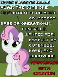 Size: 450x600 | Tagged: safe, sweetie belle, the return of harmony, caption, cute, hape, image macro, meme, solo, wanted