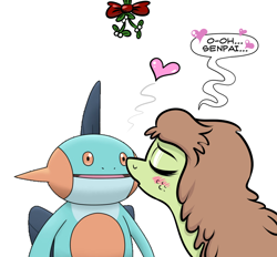 Size: 1024x950 | Tagged: safe, artist:catfood-mcfly, oc, oc:checked privilege, ask fury belle, exploitable meme, kissing, marshtomp, meme, mistletoe, pokémon