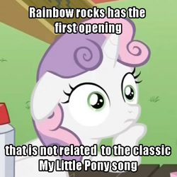 Size: 500x500 | Tagged: safe, sweetie belle, pony, unicorn, equestria girls, rainbow rocks, captain obvious, exploitable meme, female, filly, horn, image macro, meme, opening, solo, sudden clarity sweetie belle, text, two toned mane, white coat, wide eyes