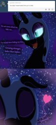 Size: 1000x2221 | Tagged: safe, artist:azurek, nightmare moon, ask princess moon, bedroom eyes, comic, eyes closed, floppy ears, glowing eyes, heart, kissing, looking at you, nicemare moon, open mouth, pov, smiling, solo, tumblr