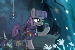 Size: 900x600 | Tagged: safe, artist:pixelkitties, maud pie, insect, spider, star spider, cave, open mouth, raised hoof, rock, rock candy necklace, solo