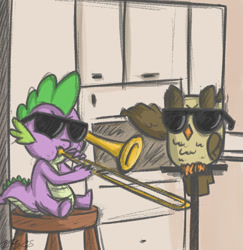 Size: 821x845 | Tagged: safe, artist:nolycs, owlowiscious, spike, dragon, glasses, meme, stool, sunglasses, swag, trombone, vine video, when mama isn't home