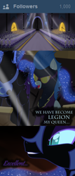 Size: 1280x2995 | Tagged: safe, artist:azurek, nightmare moon, alicorn, pegasus, pony, ask princess moon, clothes, comic, costume, ethereal mane, followers, milestone, shadowbolts, shadowbolts (nightmare moon's minions), shadowbolts costume, starry mane, tumblr