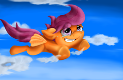 Size: 1024x666 | Tagged: safe, artist:inurantchan, scootaloo, flying, scootaloo can fly, solo