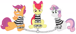 Size: 2000x906 | Tagged: safe, artist:spellboundcanvas, apple bloom, scootaloo, sweetie belle, clothes, cutie mark crusaders, horn cap, magic suppression, prison, prison outfit, prison stripes, prisoner, shackles