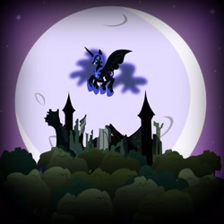 Size: 2048x2048 | Tagged: safe, artist:bratzoid, nightmare moon, castle of the royal pony sisters, everfree forest, flying, grin, moon, solo