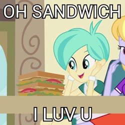 Size: 634x634 | Tagged: safe, screencap, cloudy kicks, tennis match, equestria girls, background human, image macro, meme, sandwich