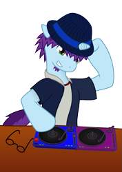 Size: 827x1169 | Tagged: safe, artist:phonicb∞m, artist:sketchy brush, oc, oc only, oc:phonic boom, collaboration, blue fur, dj pony, fedora, glasses, goatee, green eyes, hat, music, musician, purple mane, record, record player, simple background, transparent background, turntable, vector, vector trace