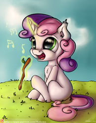 Size: 1500x1936 | Tagged: safe, artist:neko-me, sweetie belle, magic, patreon, singing, solo, stick, sweetie belle's magic brings a great big smile