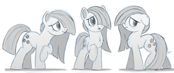 Size: 2000x851 | Tagged: safe, artist:ncmares, marble pie, blushing, hair over one eye, monochrome, raised hoof, sketch, solo