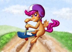 Size: 1000x733 | Tagged: safe, artist:suntenri, scootaloo, pegasus, pony, action pose, female, filly, helmet, scooter, sliding, solo