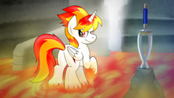 Size: 1024x576 | Tagged: safe, artist:drawponies, oc, oc only, oc:flamerunner, alicorn, pony, female, lava, solo, sword