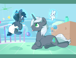 Size: 2790x2140 | Tagged: safe, artist:cuddlehooves, oc, oc only, oc:dusk shadow, oc:grey ghost, alicorn, pony, unicorn, baby, baby pony, cuddlehooves is trying to murder us, cute, diaper, father and child, father and son, foal, male, parent and child, poofy diaper, weapons-grade cute