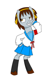 Size: 552x891 | Tagged: safe, artist:spideranon, pony, bipedal, evil, evil grin, grin, melancholy of haruhi suzumiya, ponified, standing, suzumiya haruhi, thinking